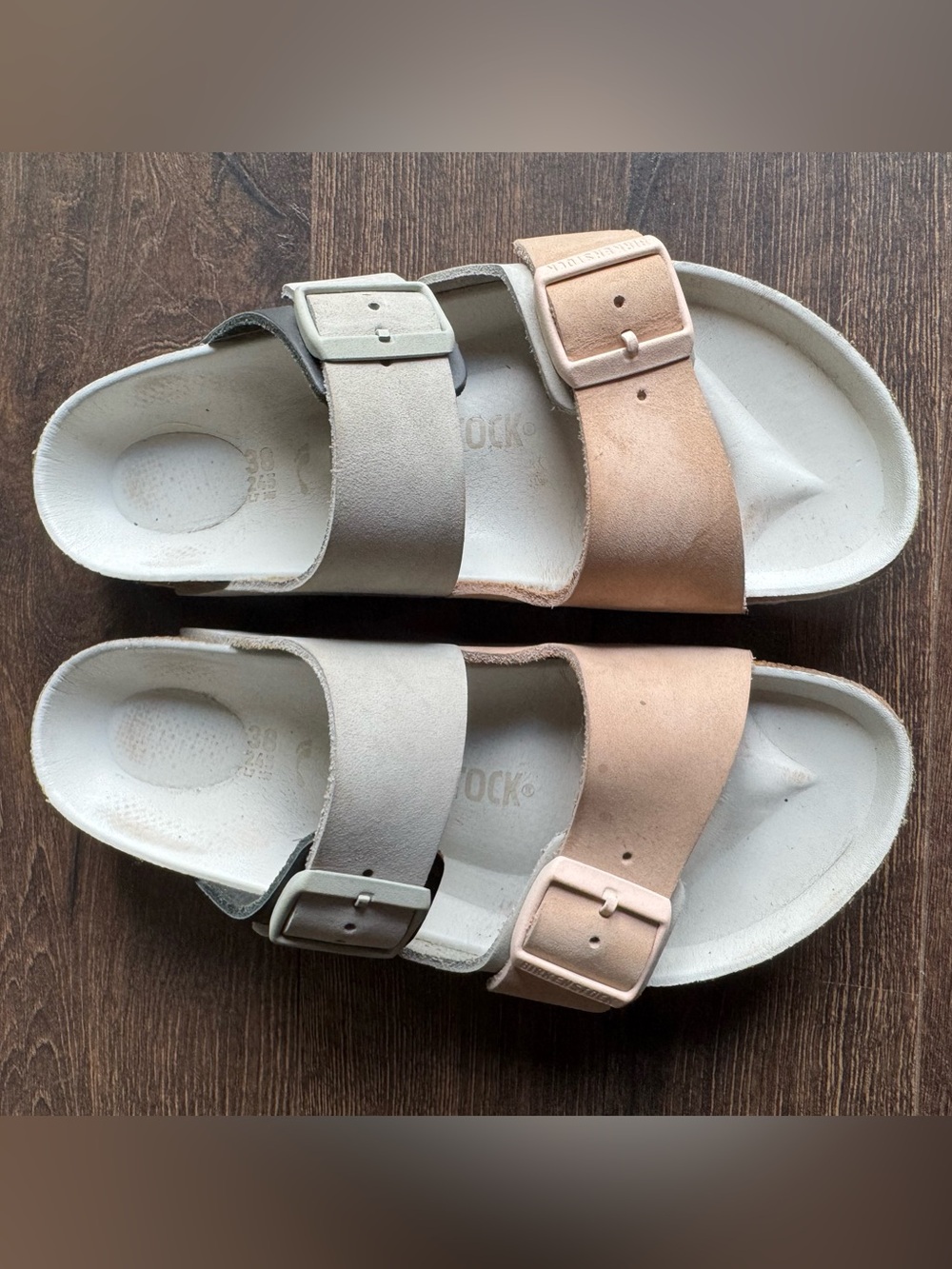 Women’s Birkenstock Two-Strap Suede Sandals in Light Gray and Light Pink